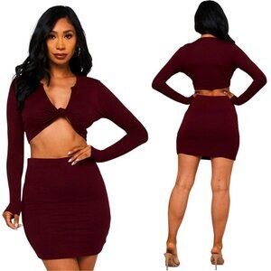 Long Sleeved Burgundy Crop Top & Mini Skirt 2 Piece Outfit Skirt Set